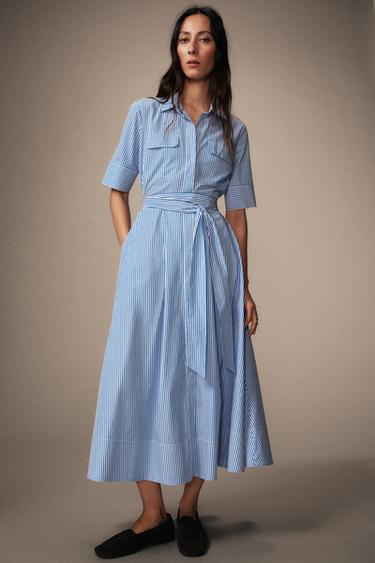 VESTIDO RAYAS POPELÍN CINTURÓN ZW COLLECTION - Azul de Zara