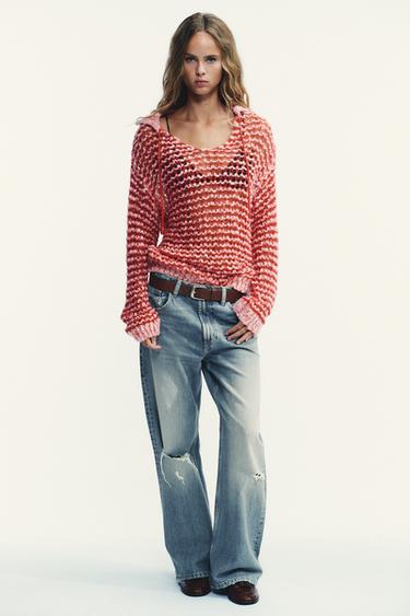 PULL EN MAILLE COL POLO AVEC LAINE - Rouge de Zara - Image 0