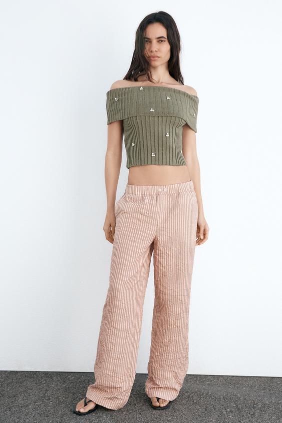 JEWEL BEADED OFF THE SHOULDER KNIT TOP - Khaki