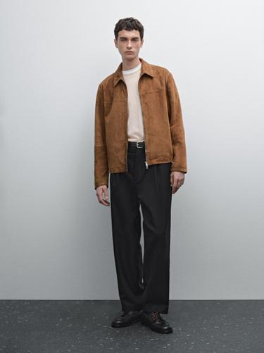 Zara Suede leather zip-up jacket - Champagne - Image 0