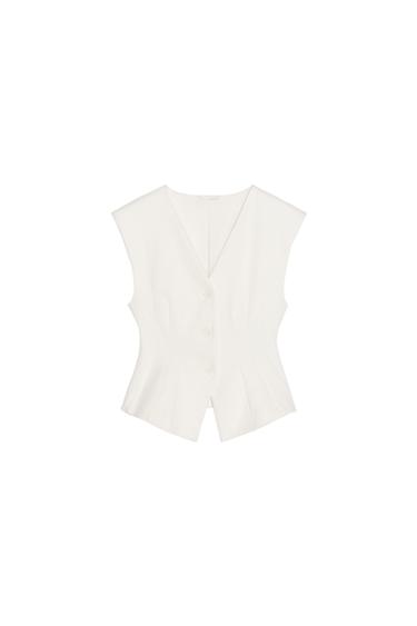 Front view of a white waistcoat with a V-neck and three buttons.