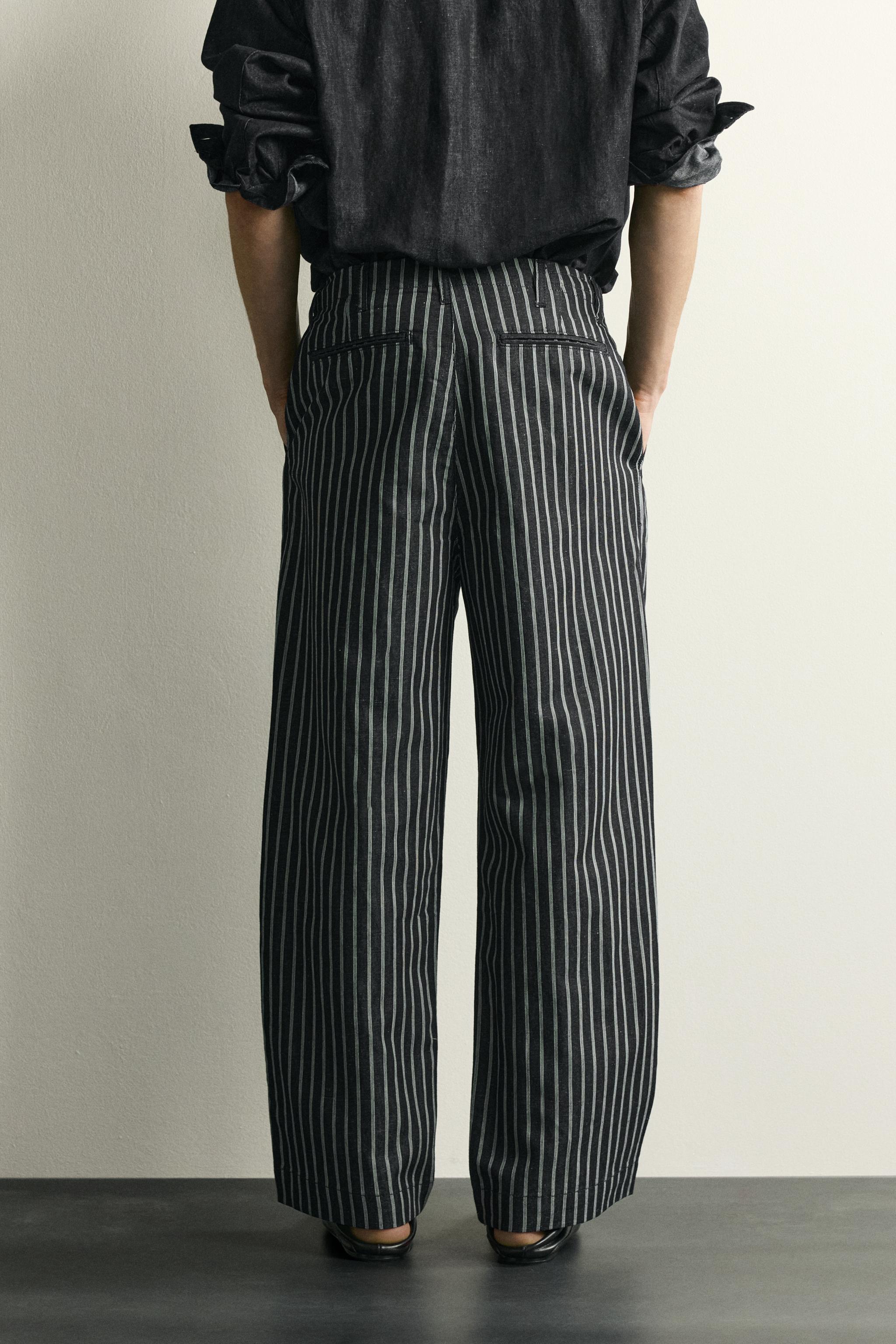 STRIPED COTTON-LINEN DENIM PANTS