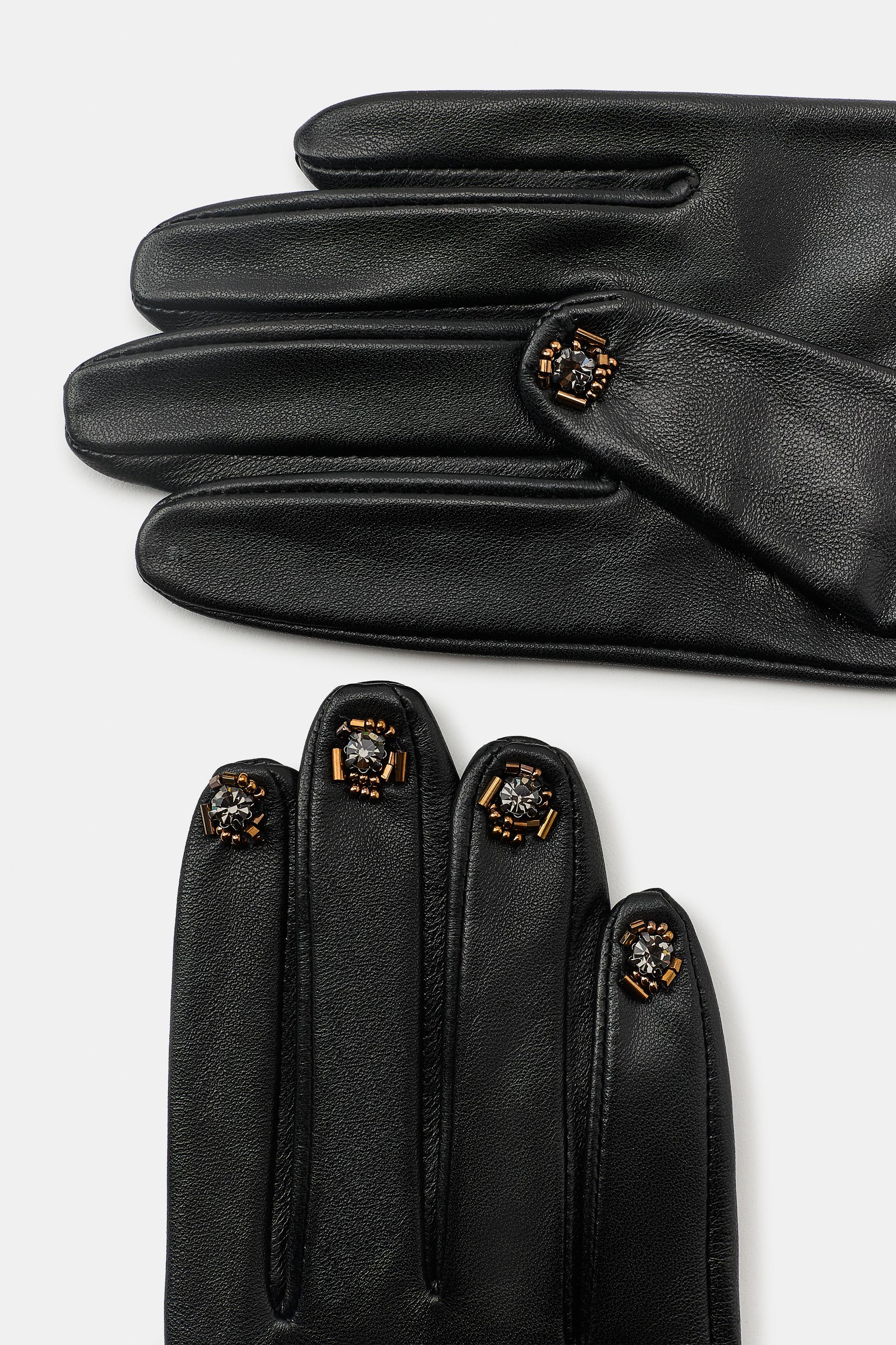 ビーズ装飾100%レザーグローブ - ブラック | ZARA Japan / 日本