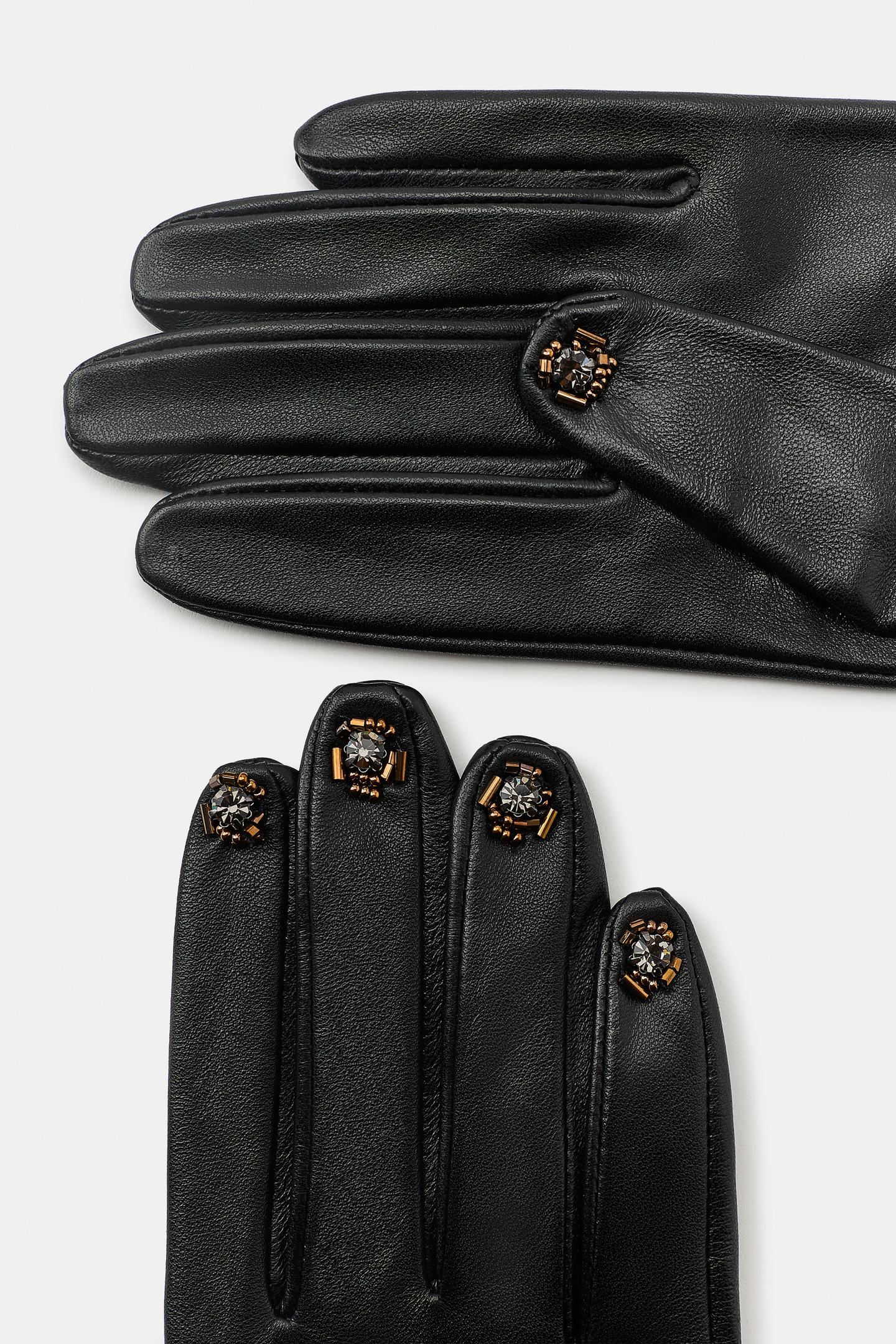 Женские перчатки Zara 100% Leather Beaded Gloves, цвет: Чёрный — фото 5