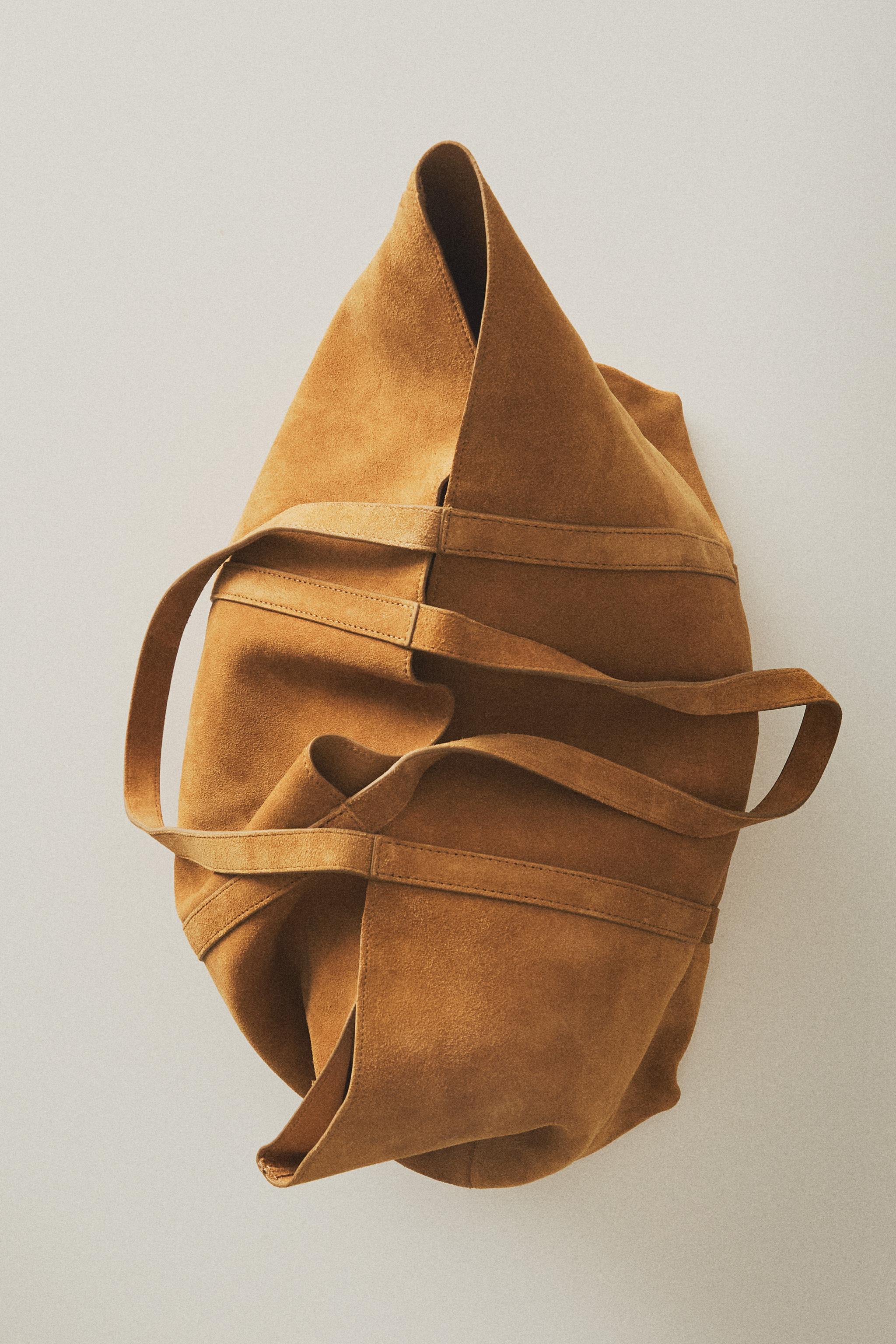 REVERSIBLE SPLIT SUEDE LEATHER TOTE BAG — Brown