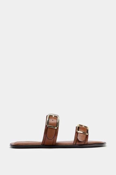 DOUBLE-STRAP FLAT SANDALS - Brown by Zara