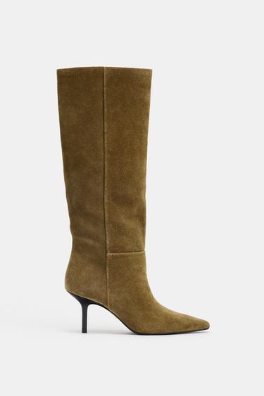 SPLIT SUEDE STILETTO HEEL BOOTS - Olive Green by Zara