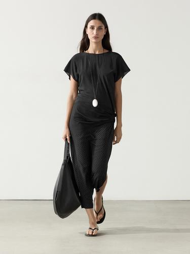 Zara Long flowing printed dress with knot detail - Black