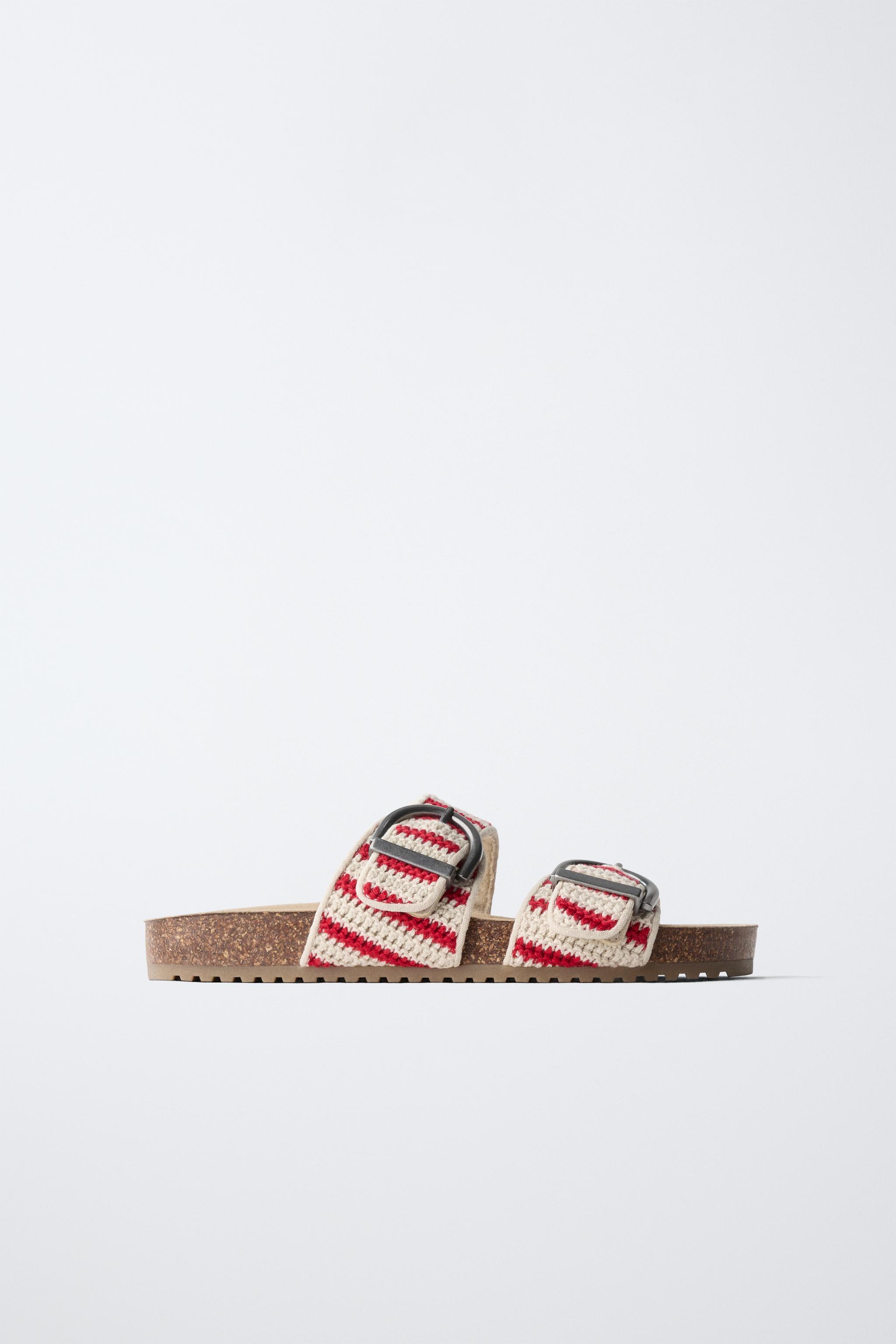 CROCHETED BUCKLE SANDALS — Red