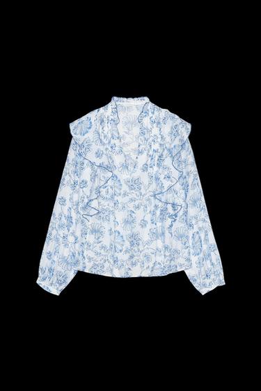 Zara PRINTED RUFFLE PINTUCK BLOUSE - Blue / White