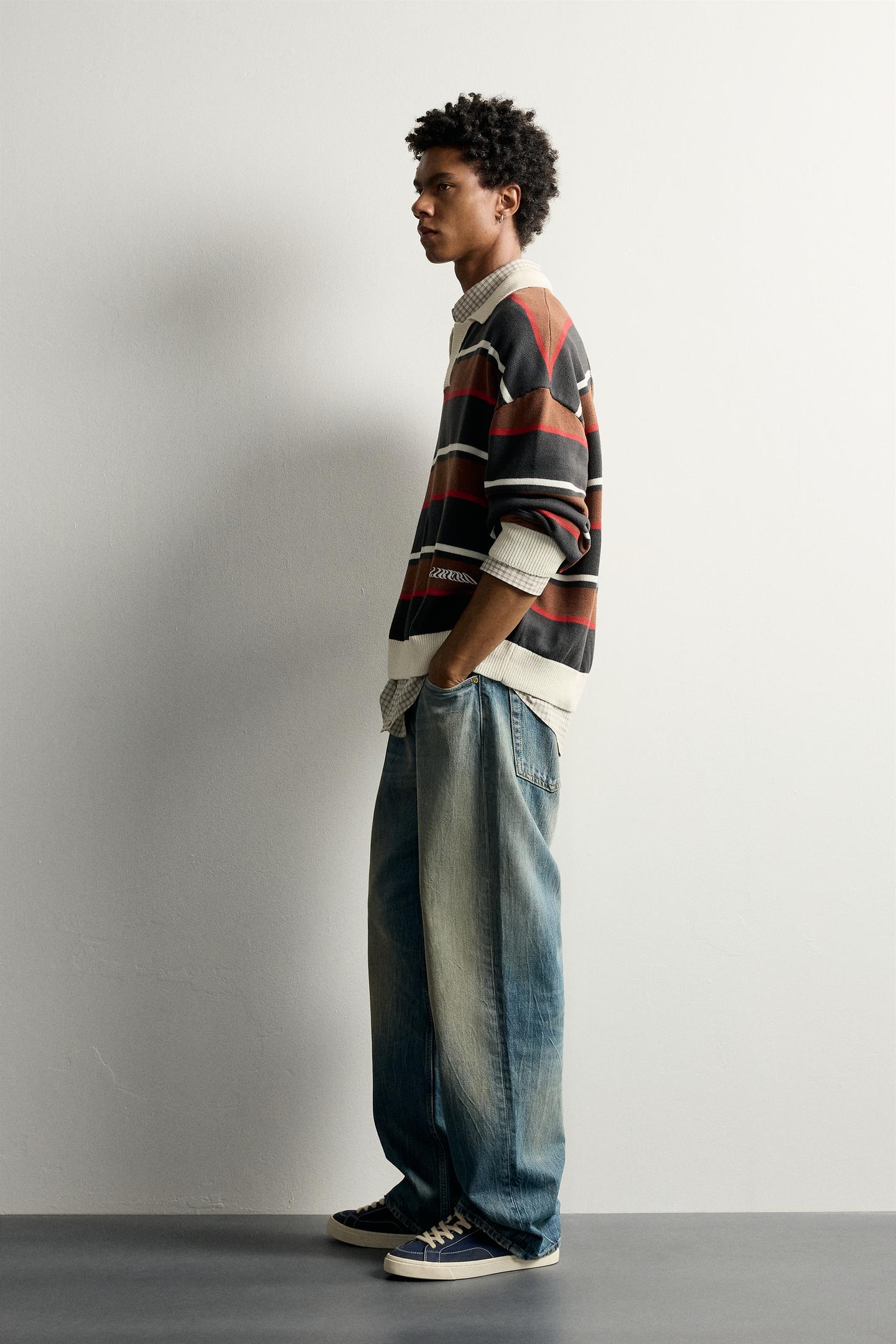 Мужское поло Zara Floral Intarsia Striped Polo, цвет: Антрацитовый серый — фото 4