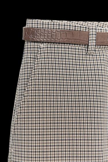 Zara CHECKERED BELTED PANTS - Beige / Navy