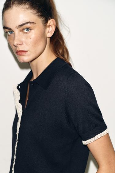 SHORT SLEEVE KNIT CARDIGAN WITH LACE TRIM - Navy blue by Zara - Image 2