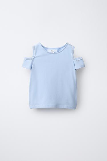 CUT-OUT FAUX PEARL T-SHIRT - Light blue by Zara