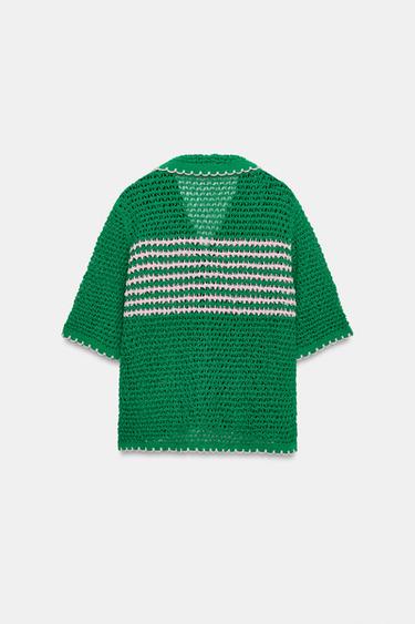 GILET POLO EN MAILLE AJOURÉE À RAYURES - Vert de Zara - Image 5