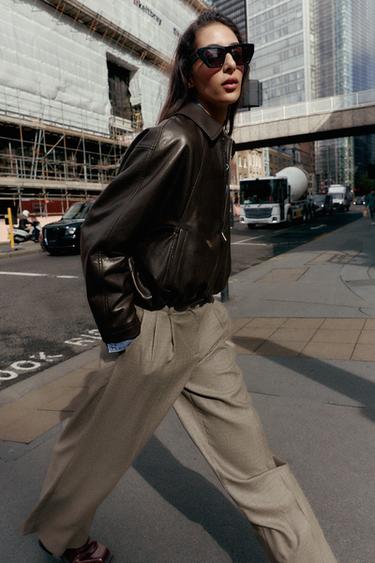 Zara FAUX LEATHER BOMBER JACKET - Dark brown
