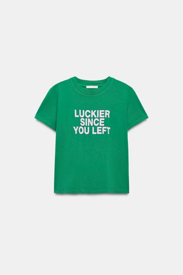 T-SHIRT INSCRIPTION EFFET DÉLAVÉ - Vert de Zara
