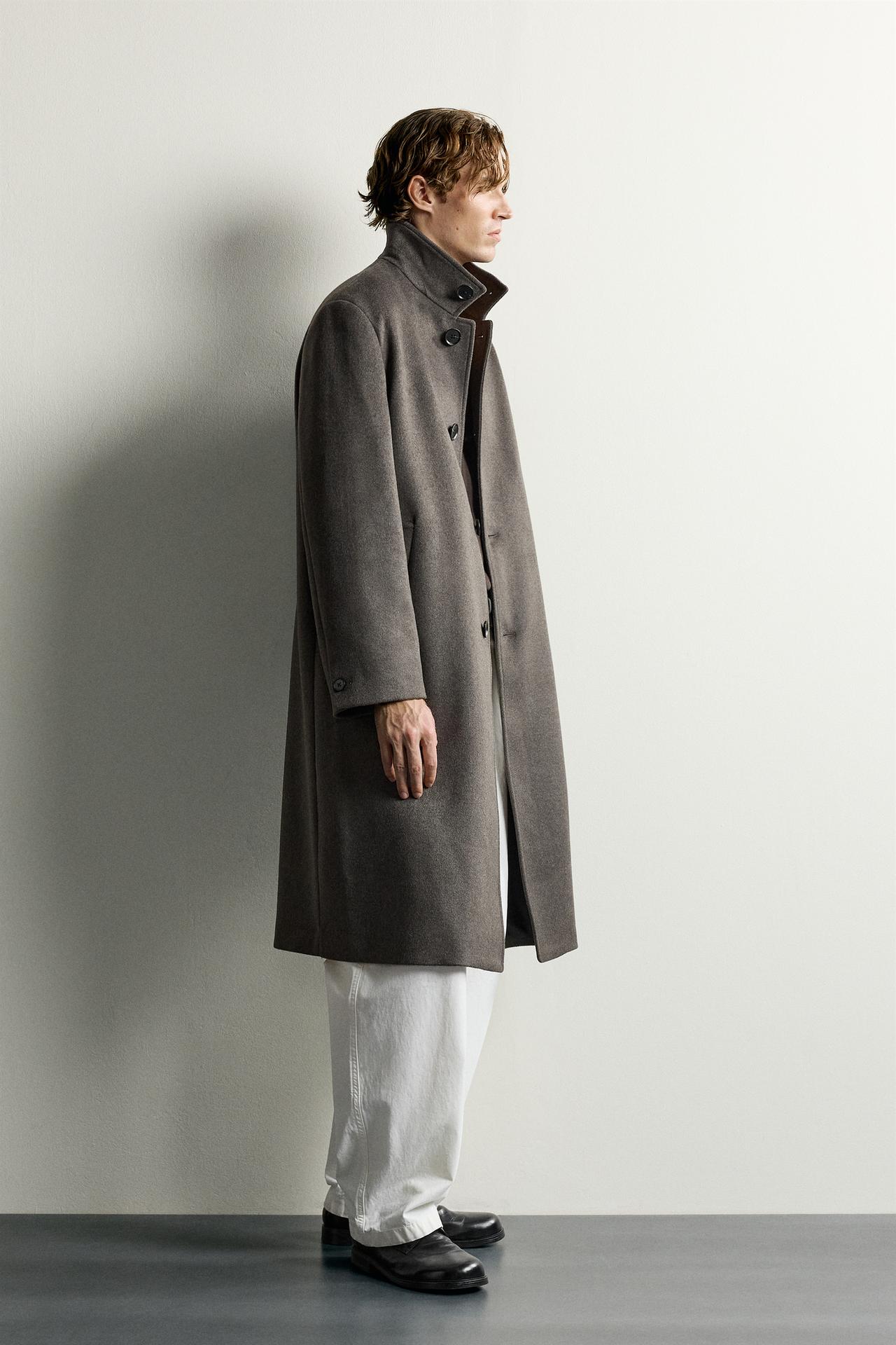RELAXED-FIT HIGH-NECK COAT — Taupe gray