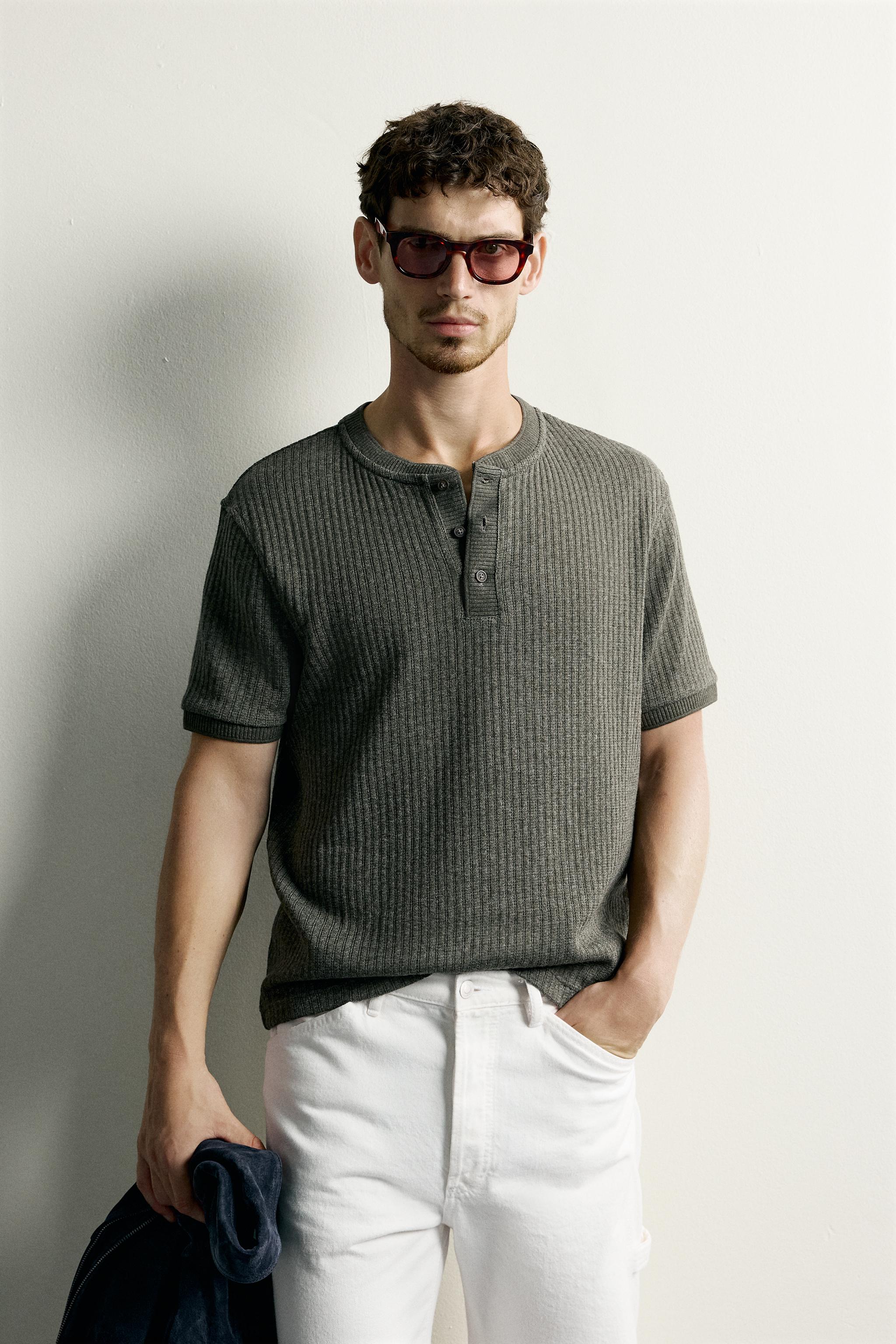 Мужские футболки Zara RIB KNIT HENLEY T-SHIRT — фото 2