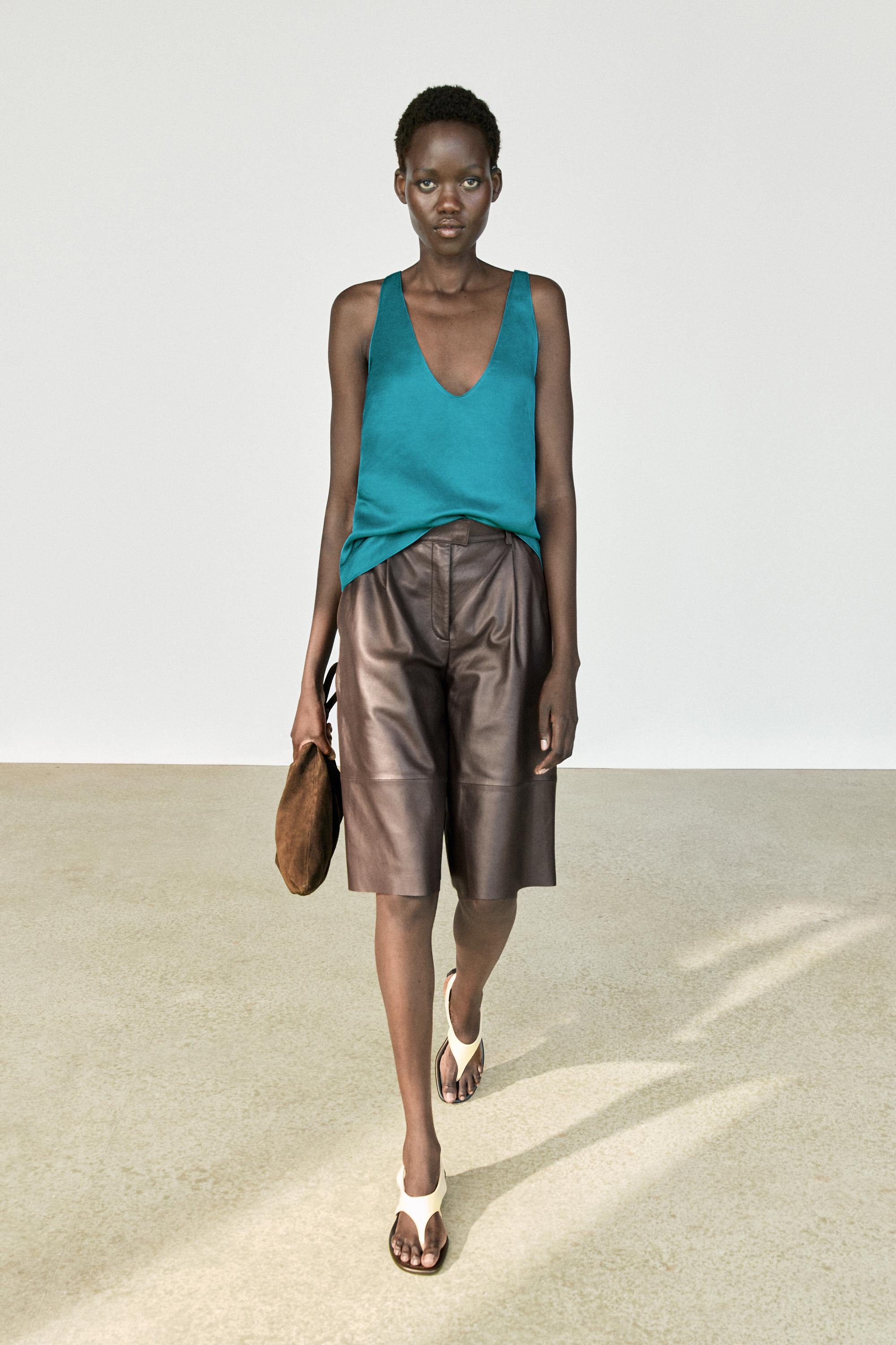 Satin linen blend V-neck top - Dark turquoise | ZARA United States
