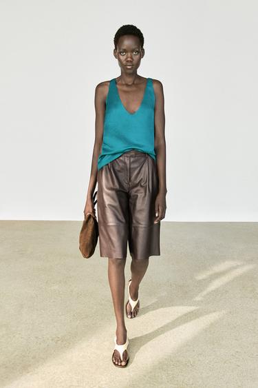 Zara Satin linen blend V-neck top - Dark turquoise - Image 0