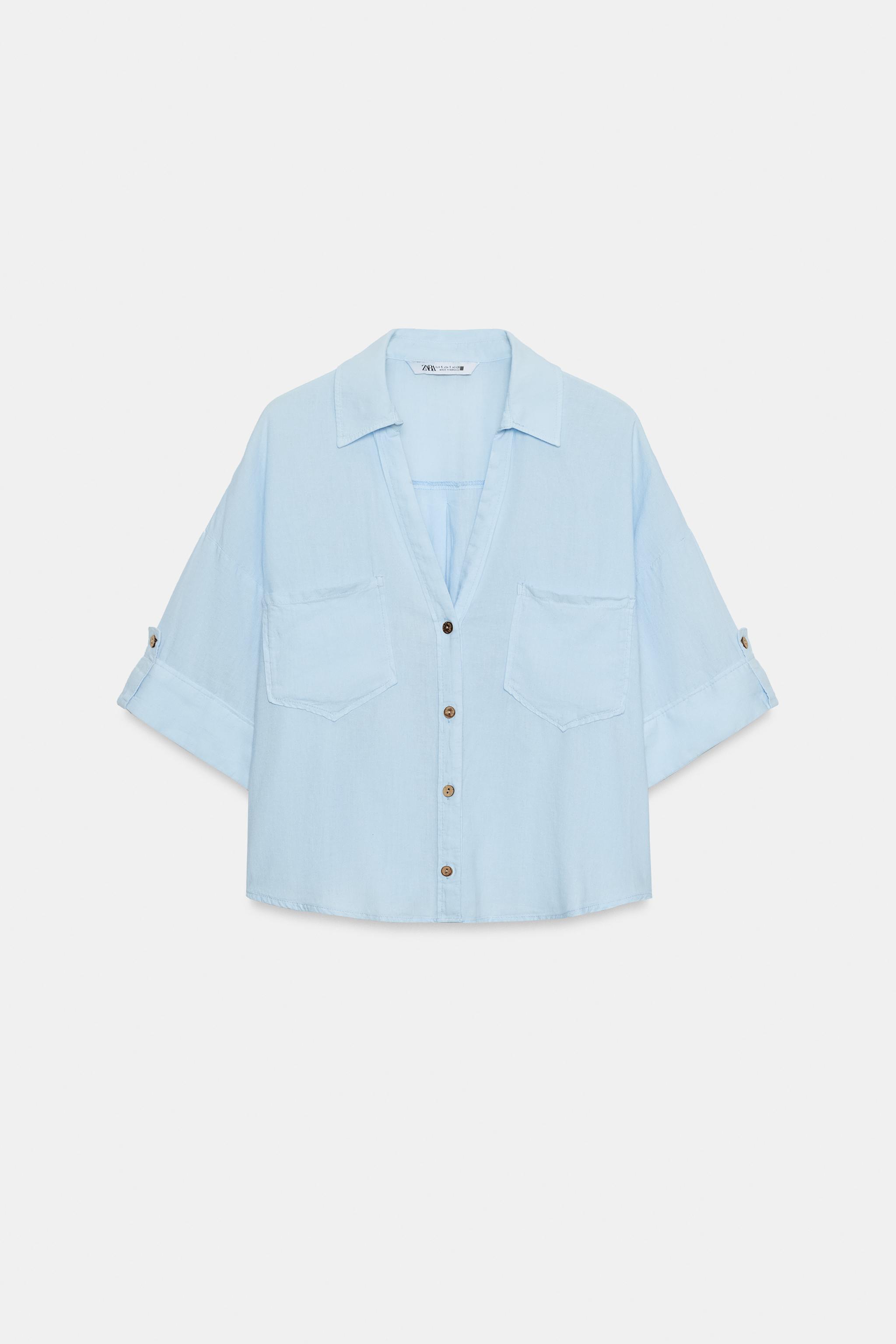Женские рубашки Zara CROPPED LINEN BLEND SHIRT — фото 6