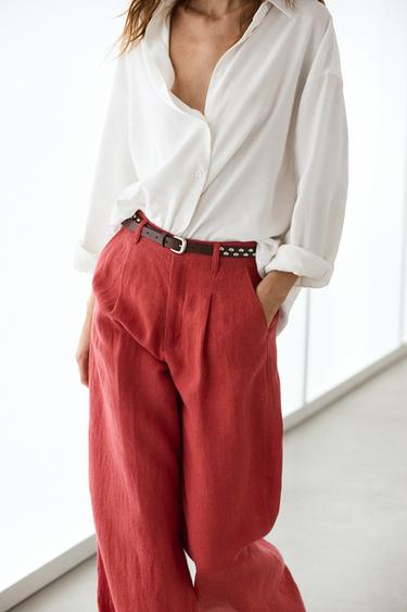 Pantalon loose fit en lin - Rouge de Zara