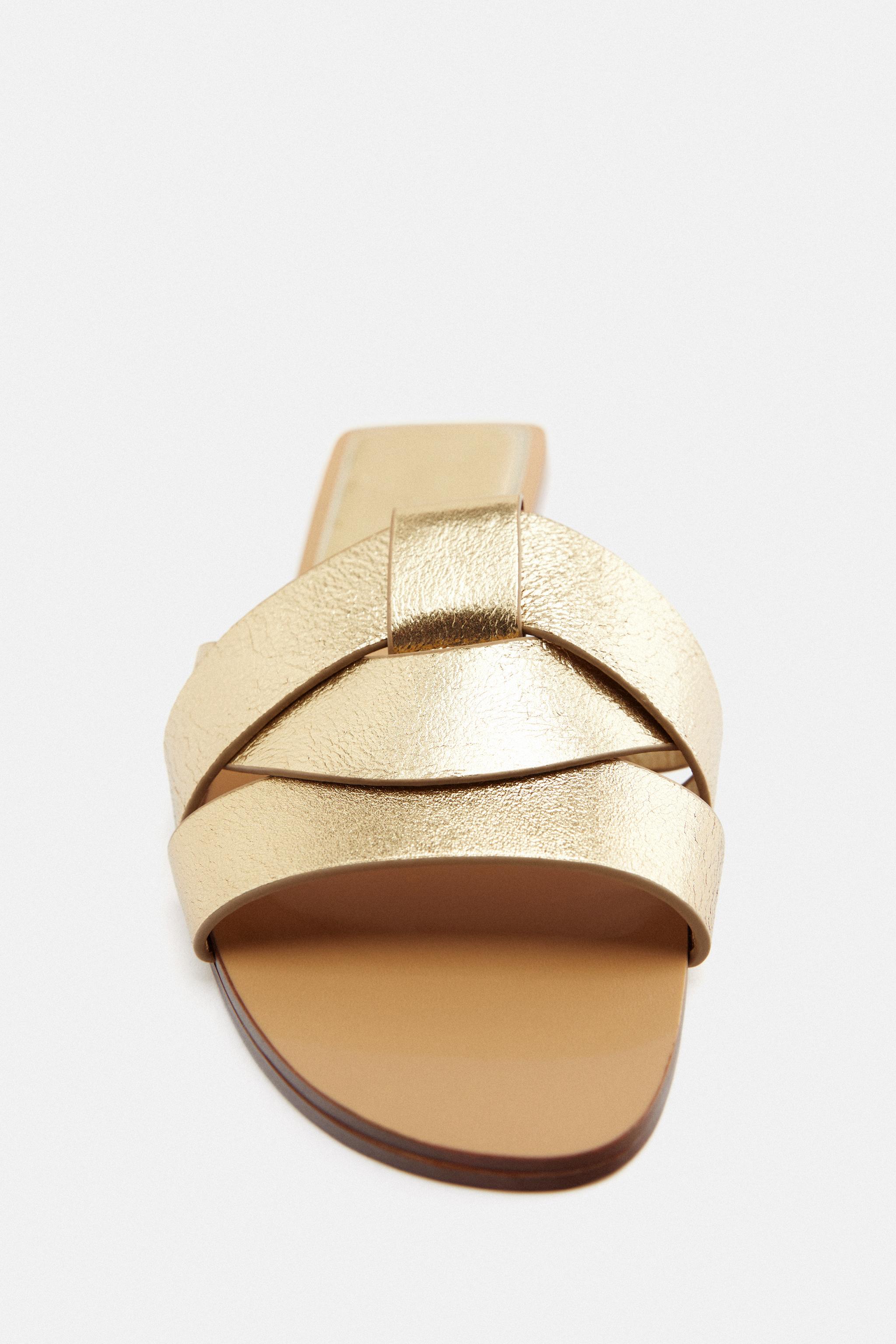 FLAT CRISS CROSS LEATHER SLIDER SANDALS Gold ZARA South Africa