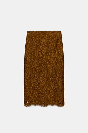 FALDA MIDI ENCAJE ZW COLLECTION LIMITED EDITION - Mostaza de Zara
