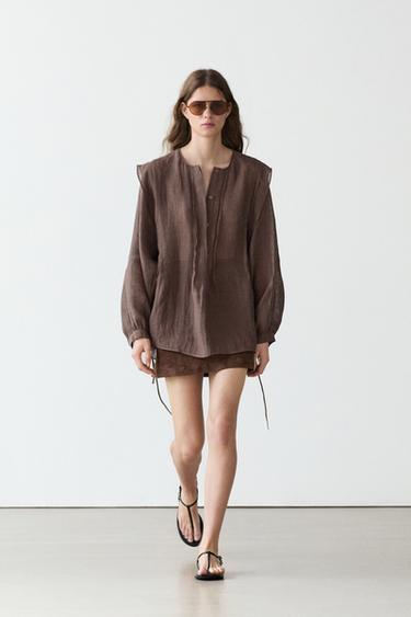 Zara Flowing oversize linen blouse with ruffles - Brown - Image 0