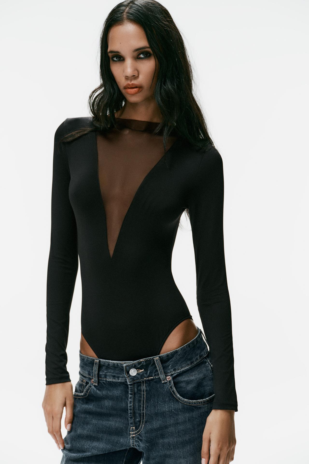 TULLE COMBINED BODYSUIT — Black