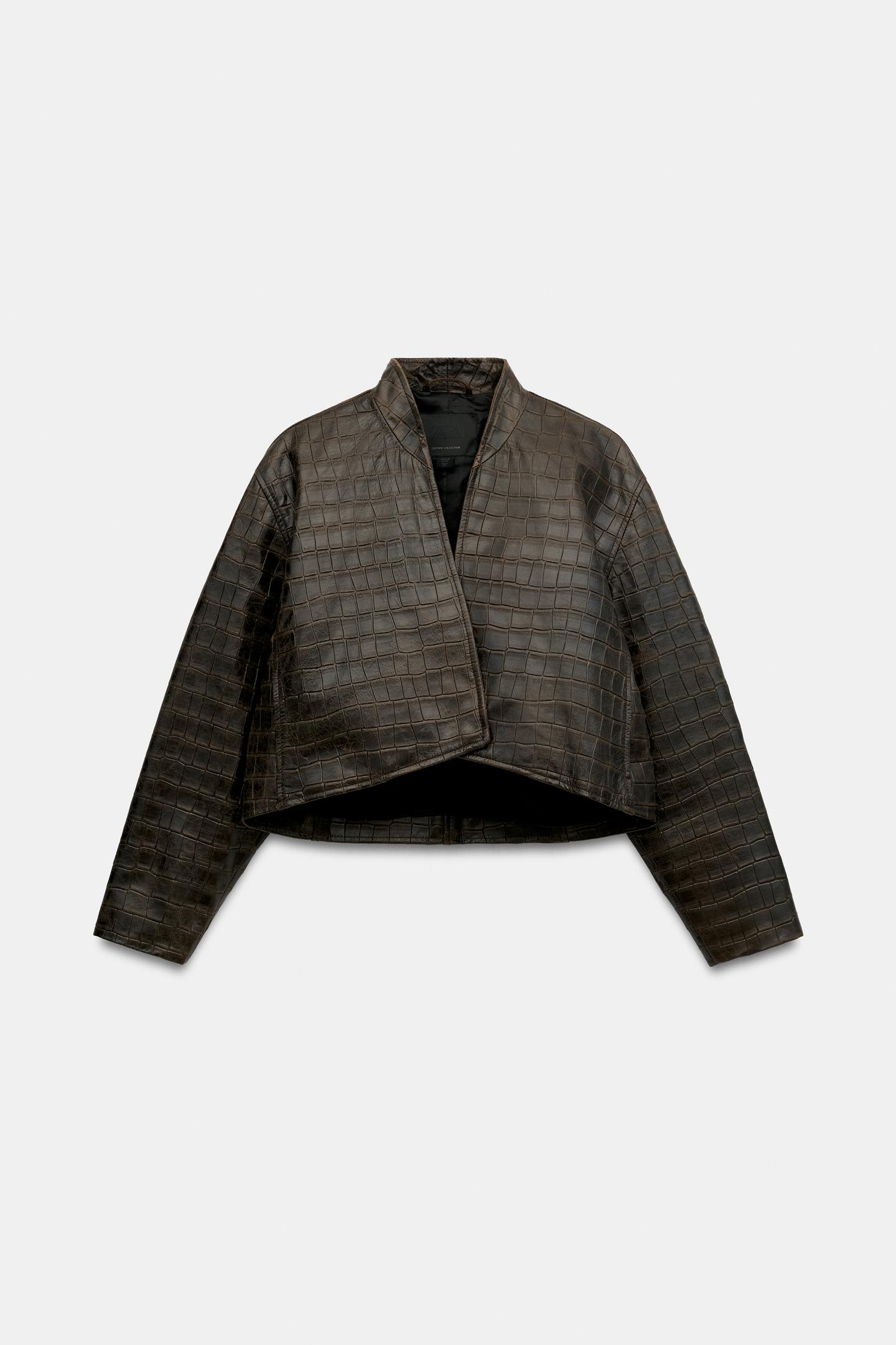 Женская куртка Zara ZW Collection 100% Leather Distressed Cropped Jacket, цвет: Коричневый — фото 8