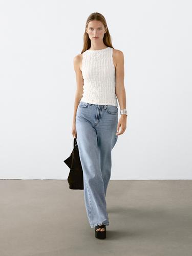 Zara Gathered cotton blend top - Oyster-white - Image 0