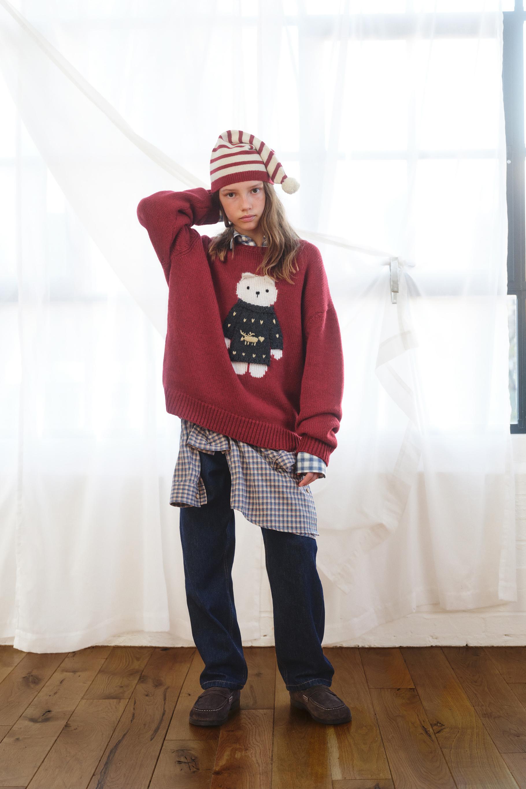 7-12歳 / ウール混ニットセーター 刺繍入りテディベア - ダークレッド