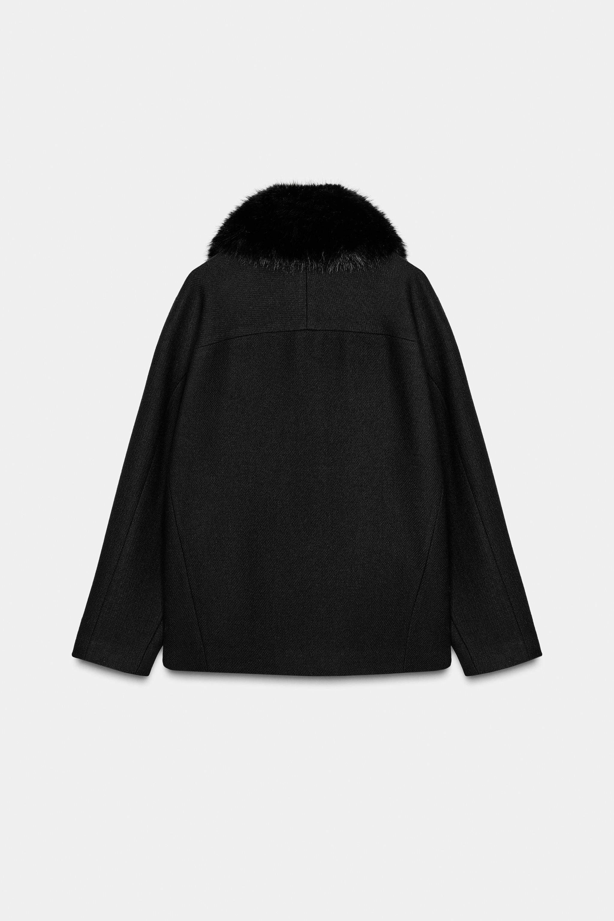 クロップド丈ウールコート フェイクファーラペル - ブラック | ZARA