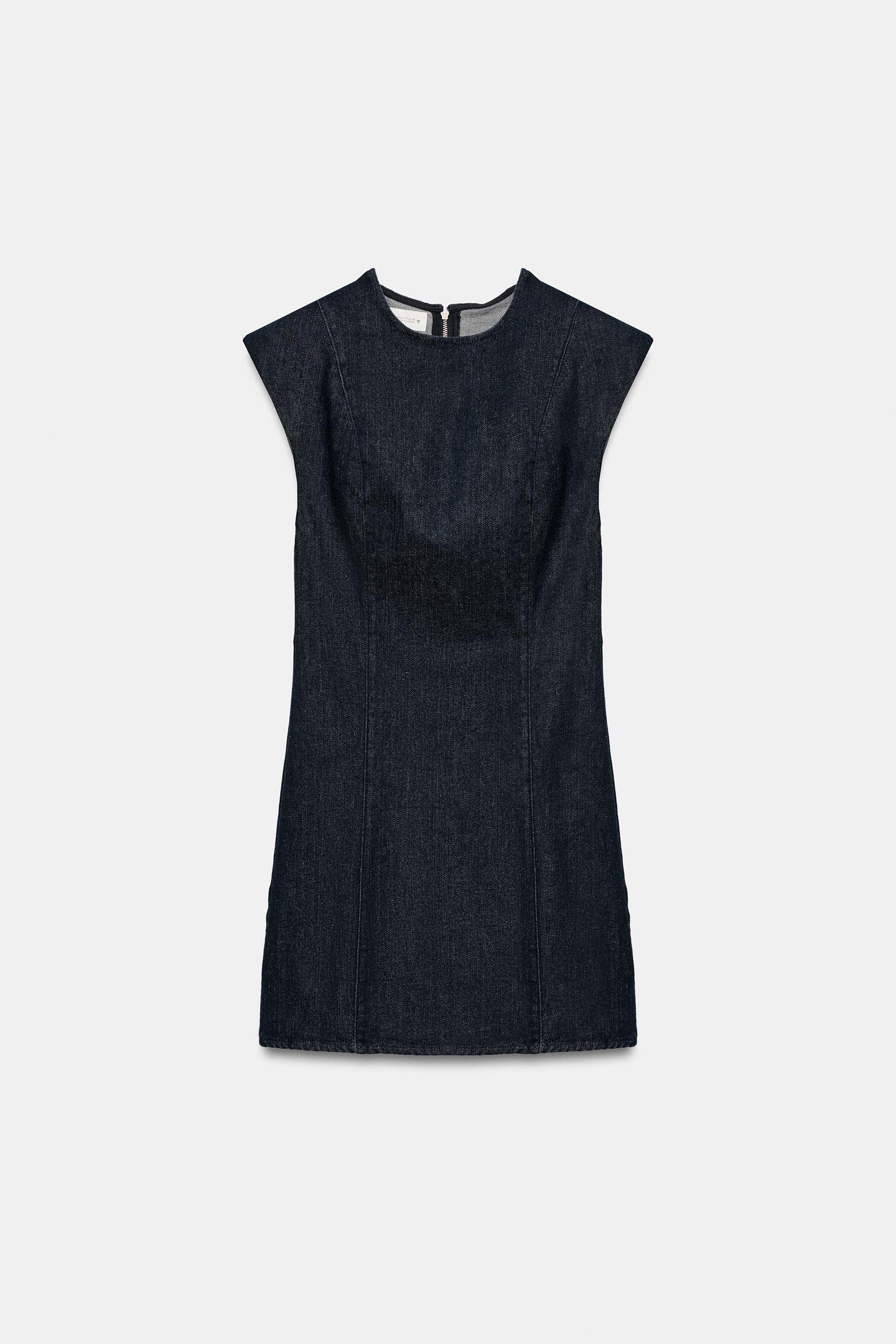Женское платье Zara Trf Denim Dress with Shoulder Pads, цвет: Тёмный индиго — фото 5