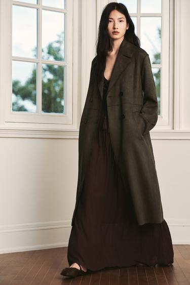 Zara 麂皮效果長版風衣 - 卡其色