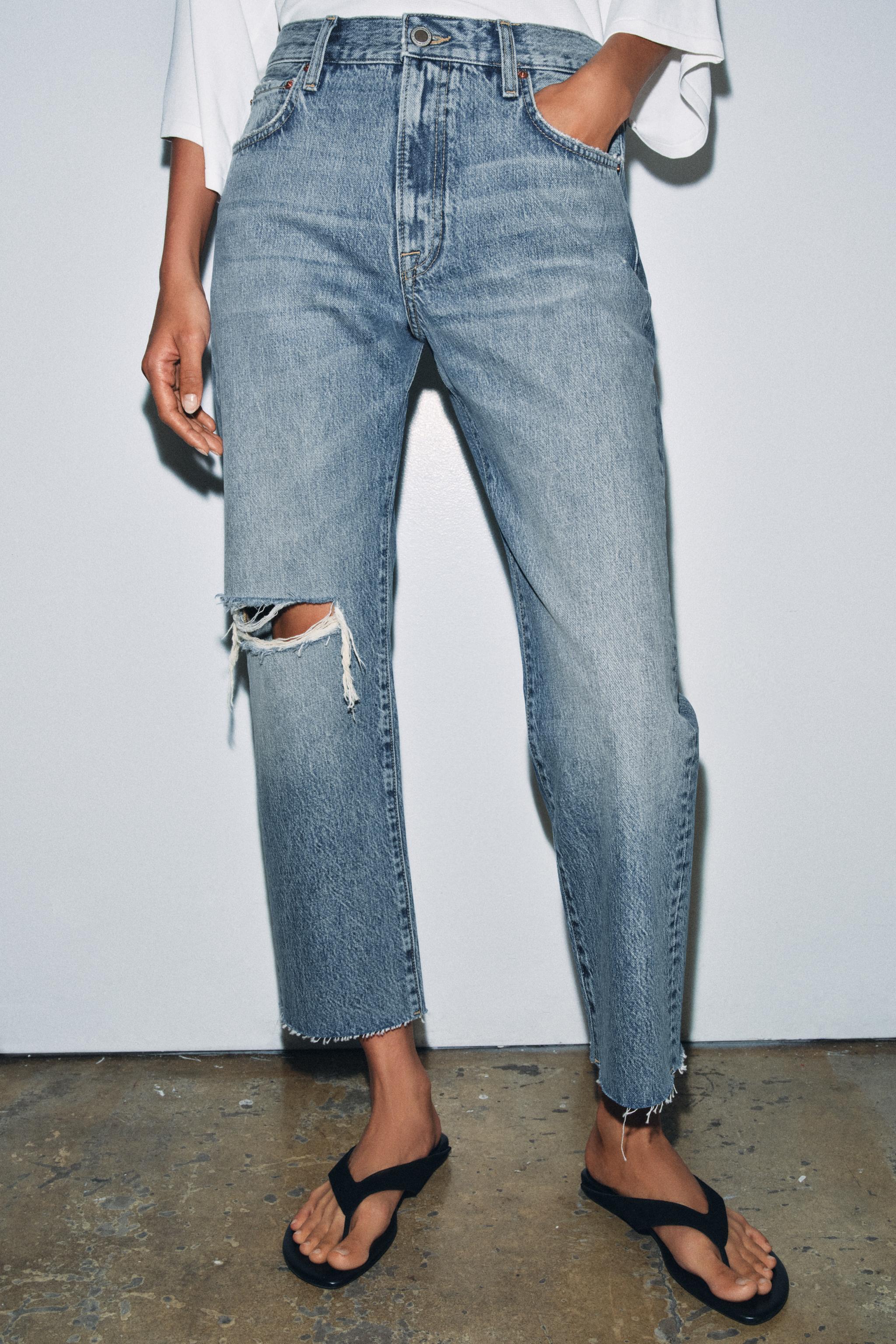 ZW COLLECTION MID-RISE RIPPED STRAIGHT-LEG JEANS — Blue