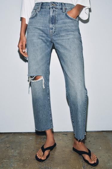 ZW COLLECTION MID-RISE RIPPED STRAIGHT-LEG JEANS - Blue by Zara