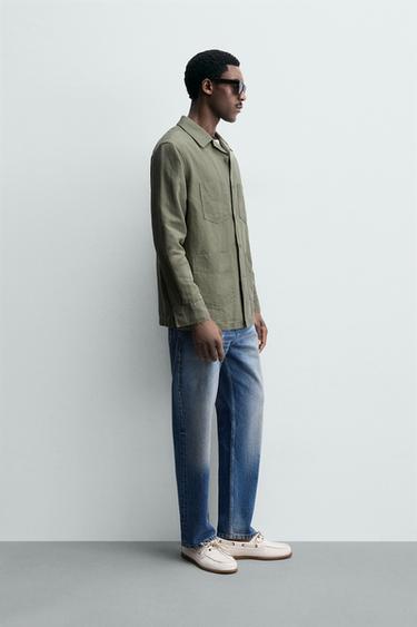 RELAXED FIT LINEN BLEND OVERSHIRT - washed green by Zara - Image 3