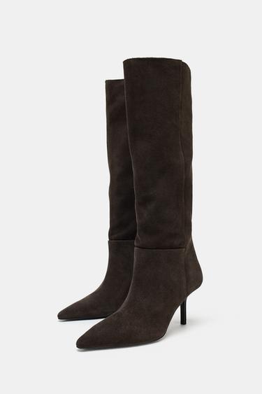 SPLIT SUEDE HEELED BOOTS - Chocolate Brown by Zara - Image 2