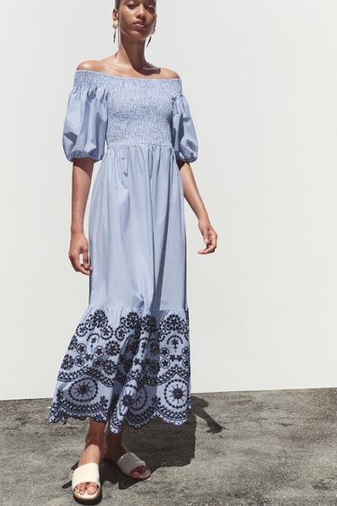 ROBE MIDI RAYURES BRODÉE - Bleu / Indigo de Zara - Image 4