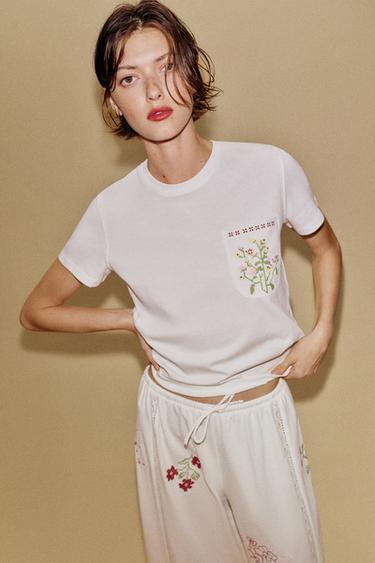 T-SHIRT POCHES BRODÉES - Blanc de Zara - Image 4