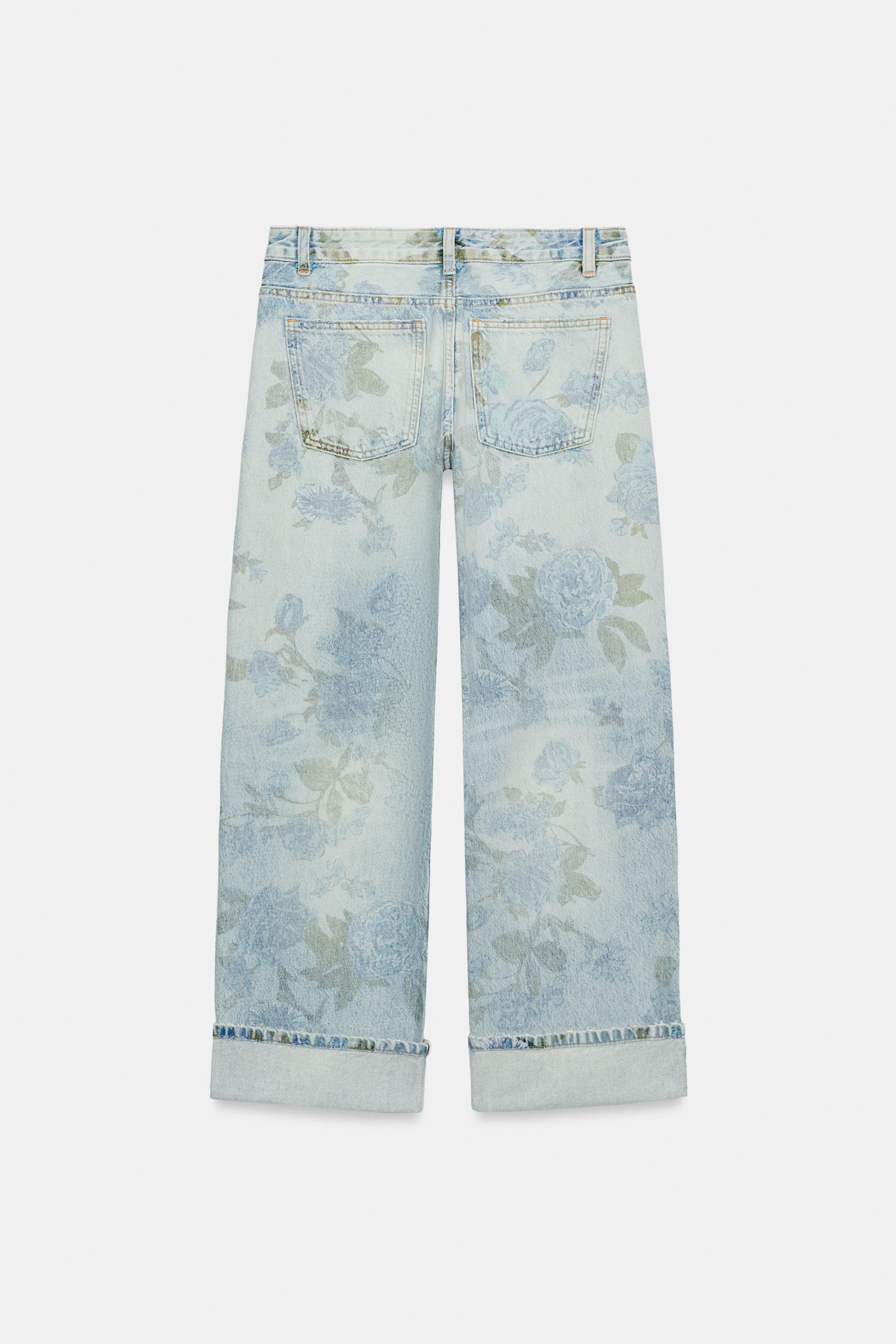 JEAN TRF LOOSE À REVERS TAILLE BASSE MOTIFS FLEURS