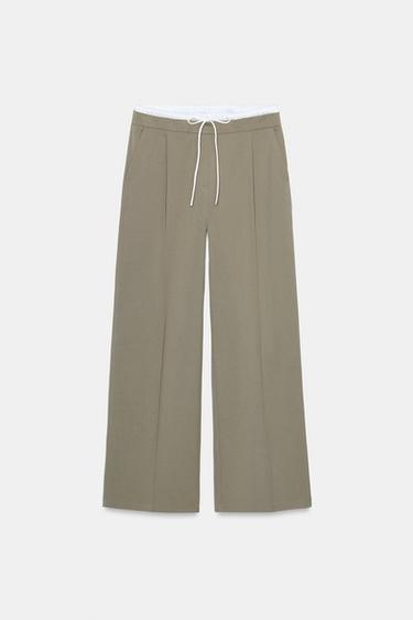 Zara WIDE LEG DOUBLE WAISTBAND PANTS - Khaki