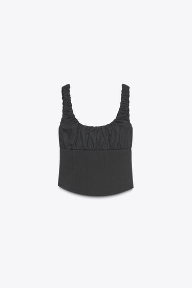 Zara MIXED INTERLOCK POPLIN TOP - Black - Image 0