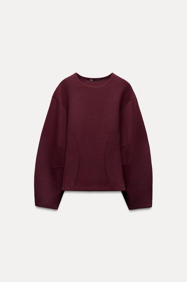 Zara FITTED INTERLOCK SWEATSHIRT - Burgundy