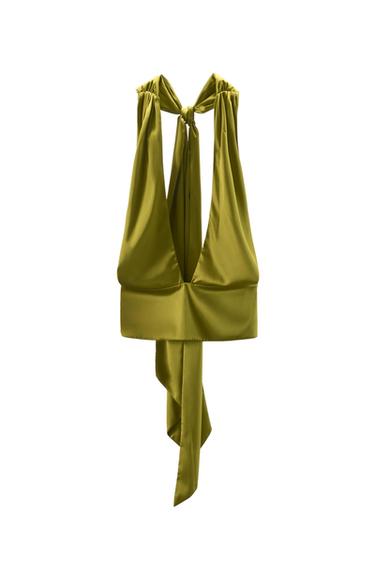 HALTER NECK SATIN SCARF TOP - Olive green by Zara - Image 0