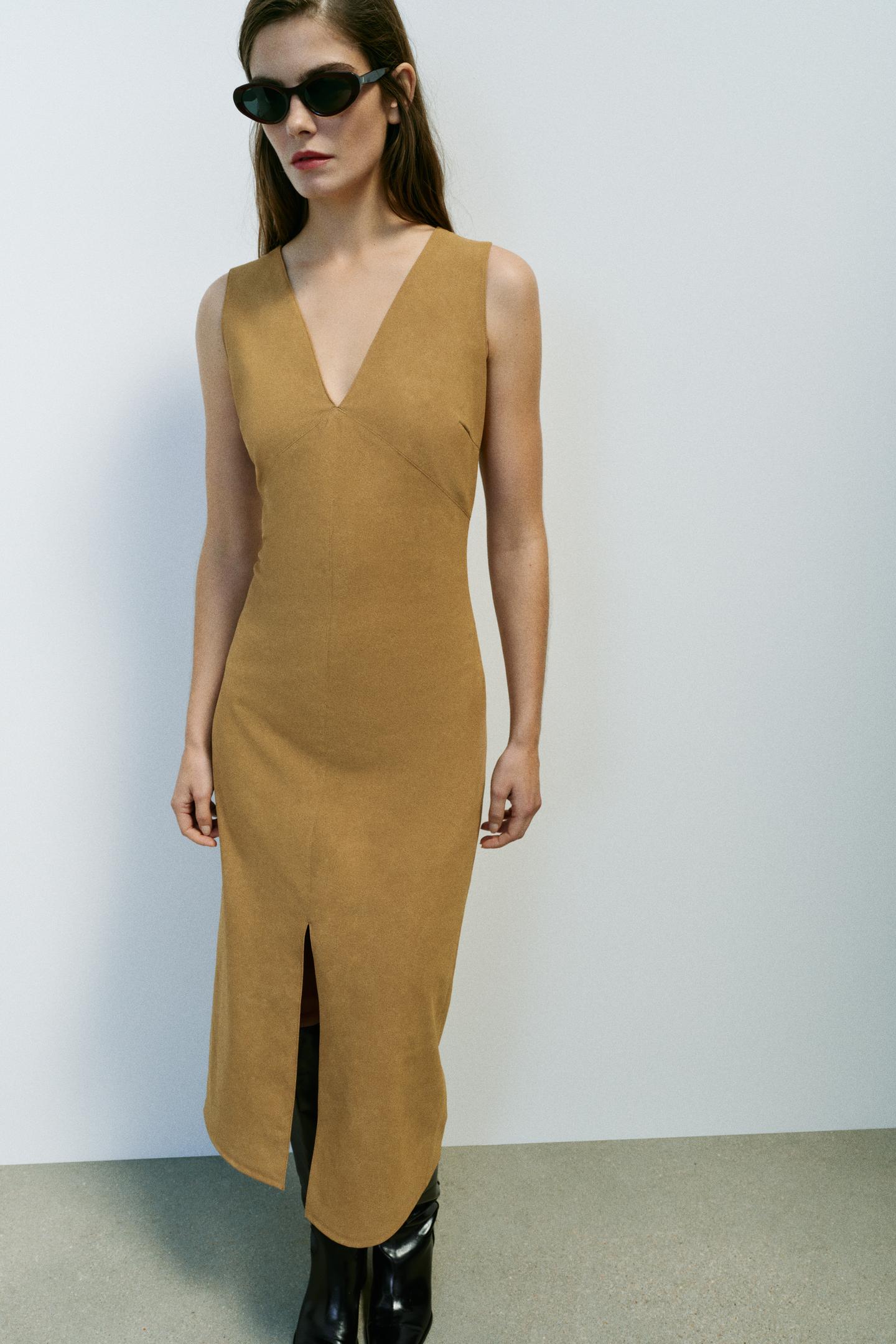 Женское платье Zara MIDI Suede Effect, цвет: Верблюжий — фото 2