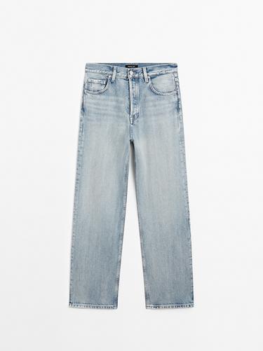 Zara Cotton blend high-waist straight-leg jeans - Light blue
